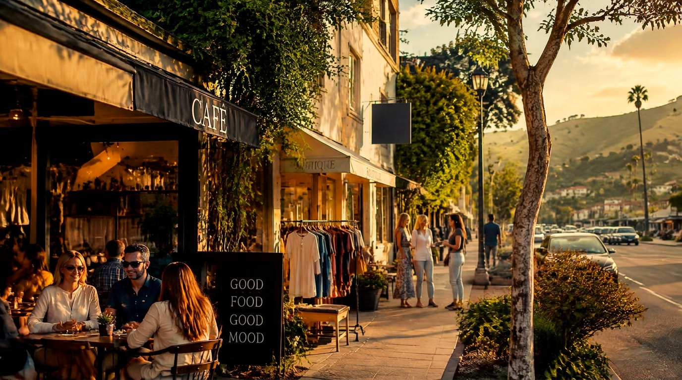 Neighbors outside independent shops on a sunlit main street
